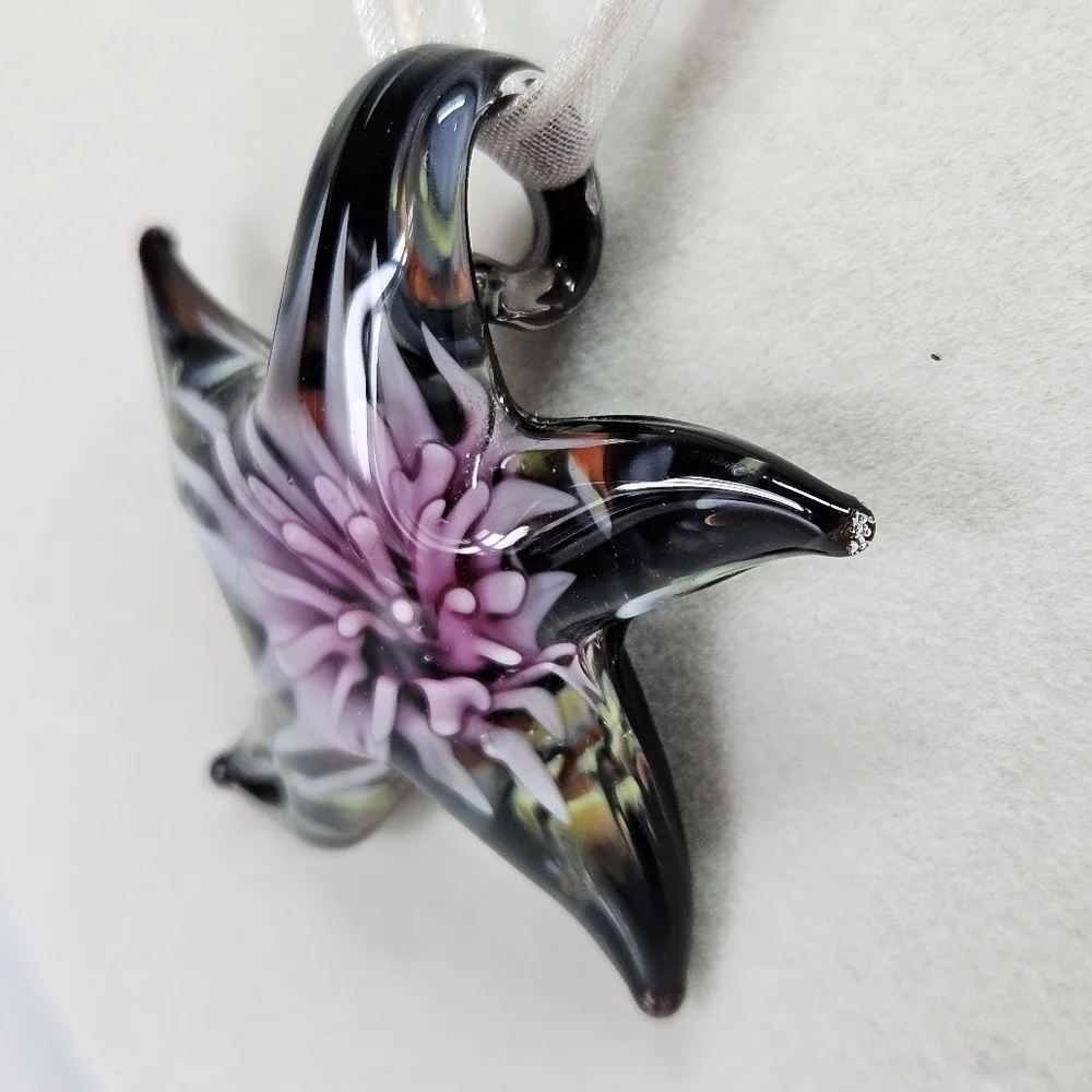 Glass Pink Sea Urchin Starfish Pendant Necklace